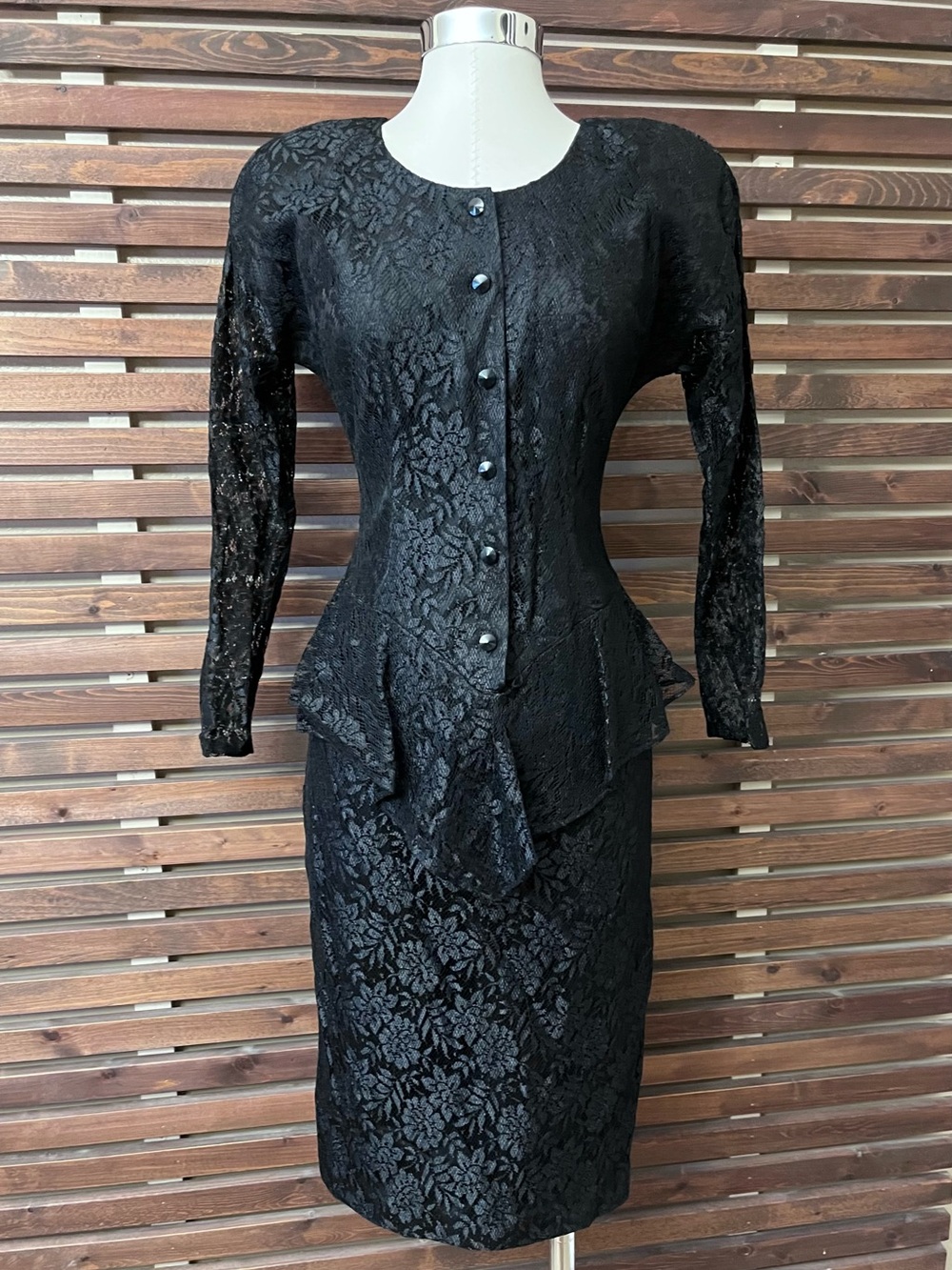 Vintage 1980s 80s Datiani Black All Lace Button Front Peplum Midi Dress Size 4